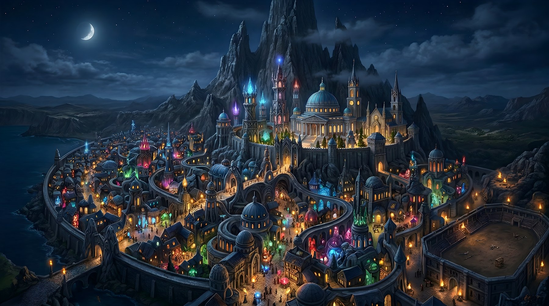 Avar, the Avarran capital, glowing with civic magic beneath dark mountain stone and a moonlit sky.