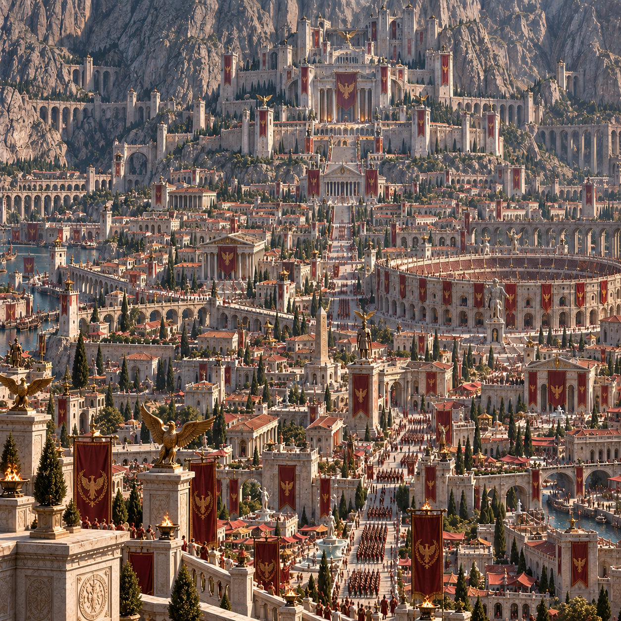 The fortified capital of Hela beneath crimson banners.