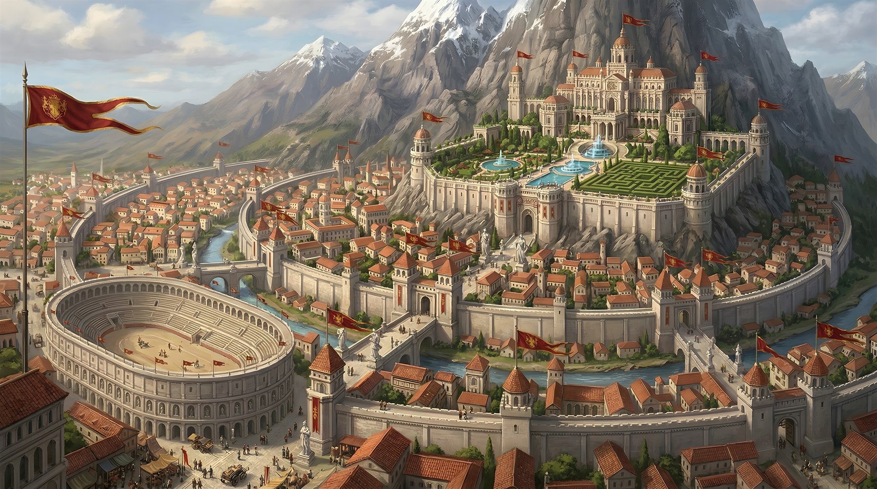 Hela, the Helation capital city, with its grand palace, mountain walls, and arena quarter under crimson banners.