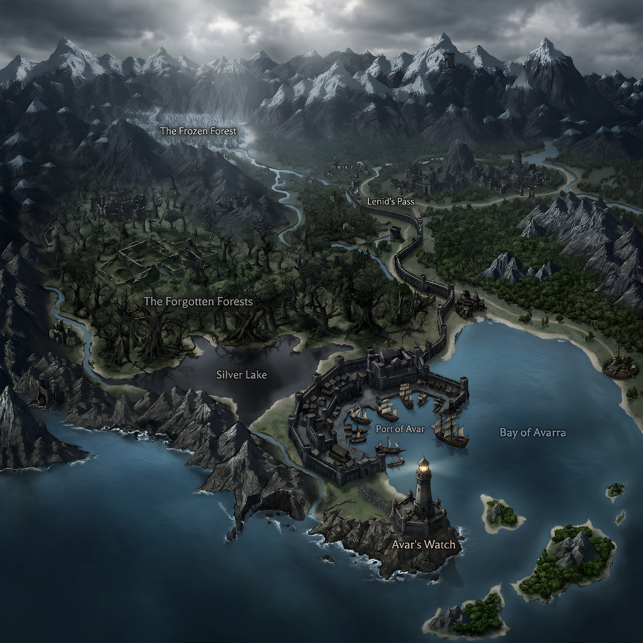 Port of Avar, a fortified harbor arena city on the Bay of Avarra.