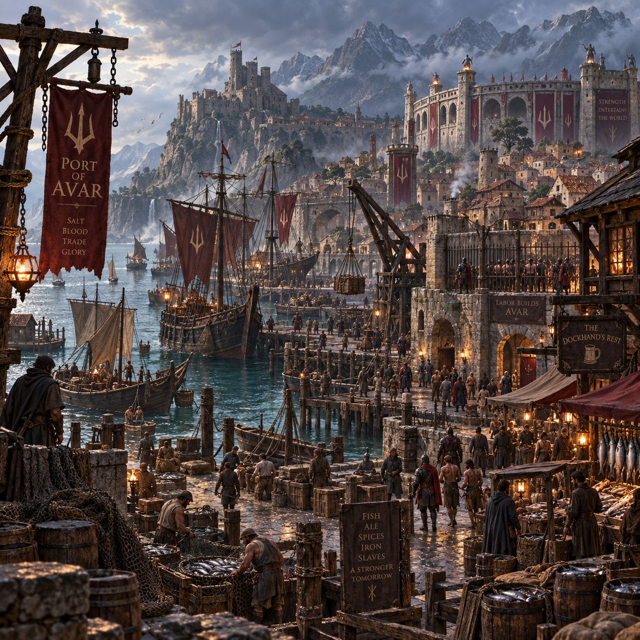 Port of Avar, a fortified harbor arena city on the Bay of Avarra.