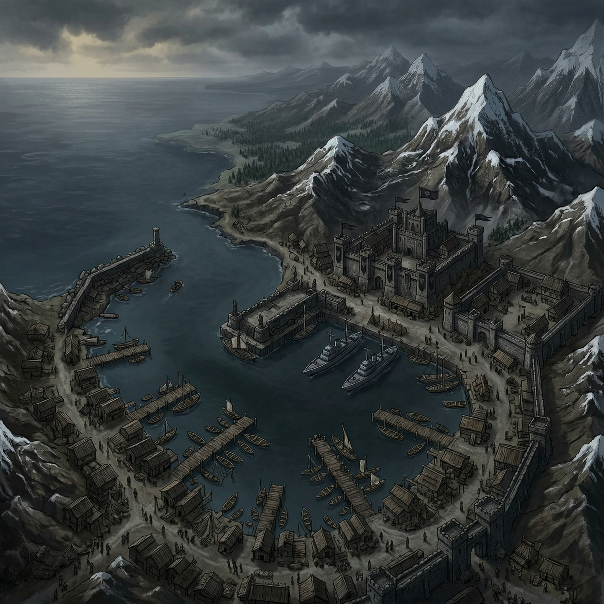 Port of Oman, a storm-dark southern harbor arena in Menfelled.