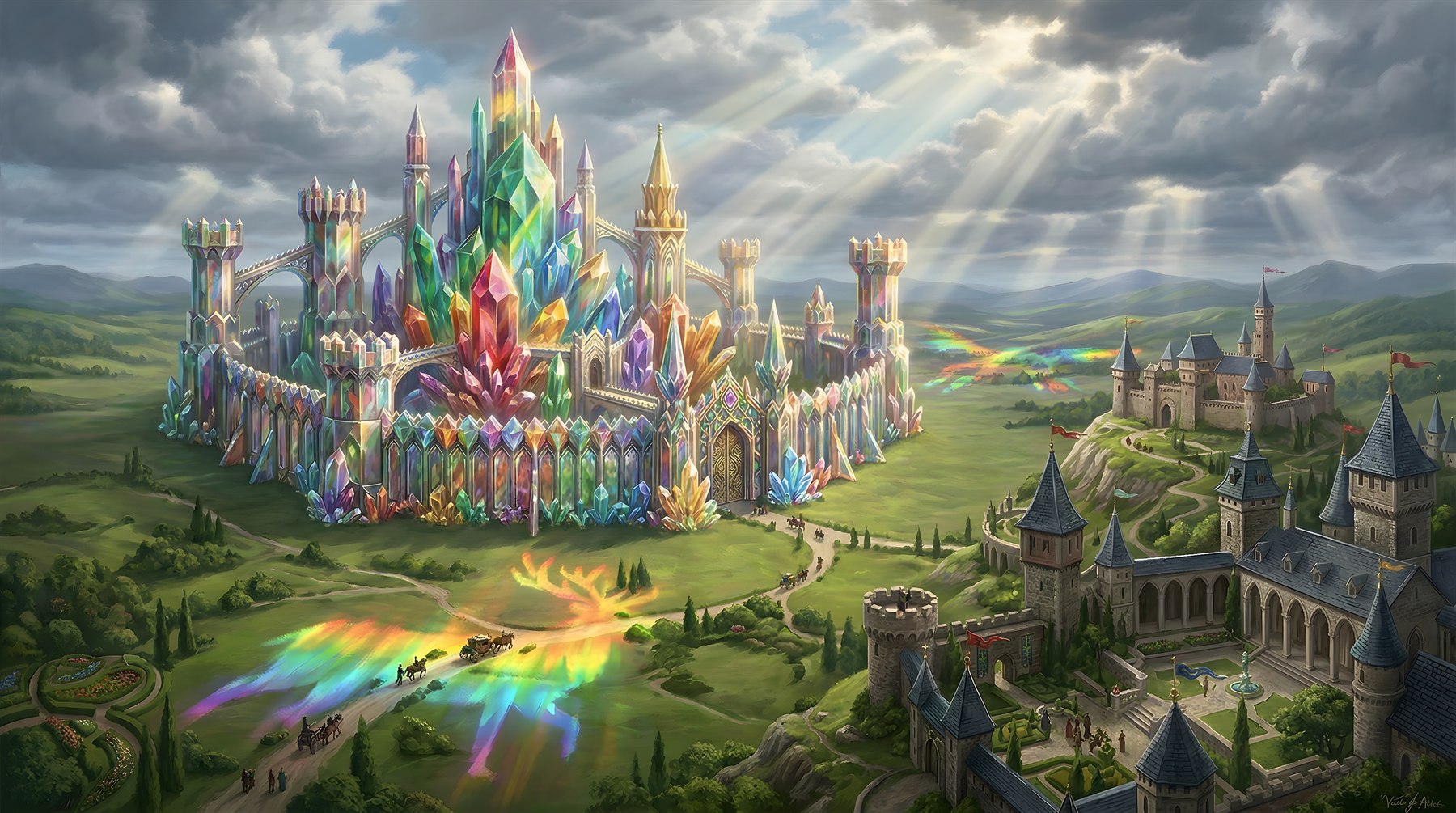 The Prismatic Prison, a massive rainbow-crystal prison fortress rising above Avarran green hills and noble estates.